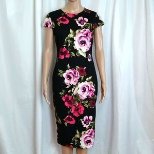 PREMIER ARMOUR cap sleeve vibrant rose pattern on black dress size dress.